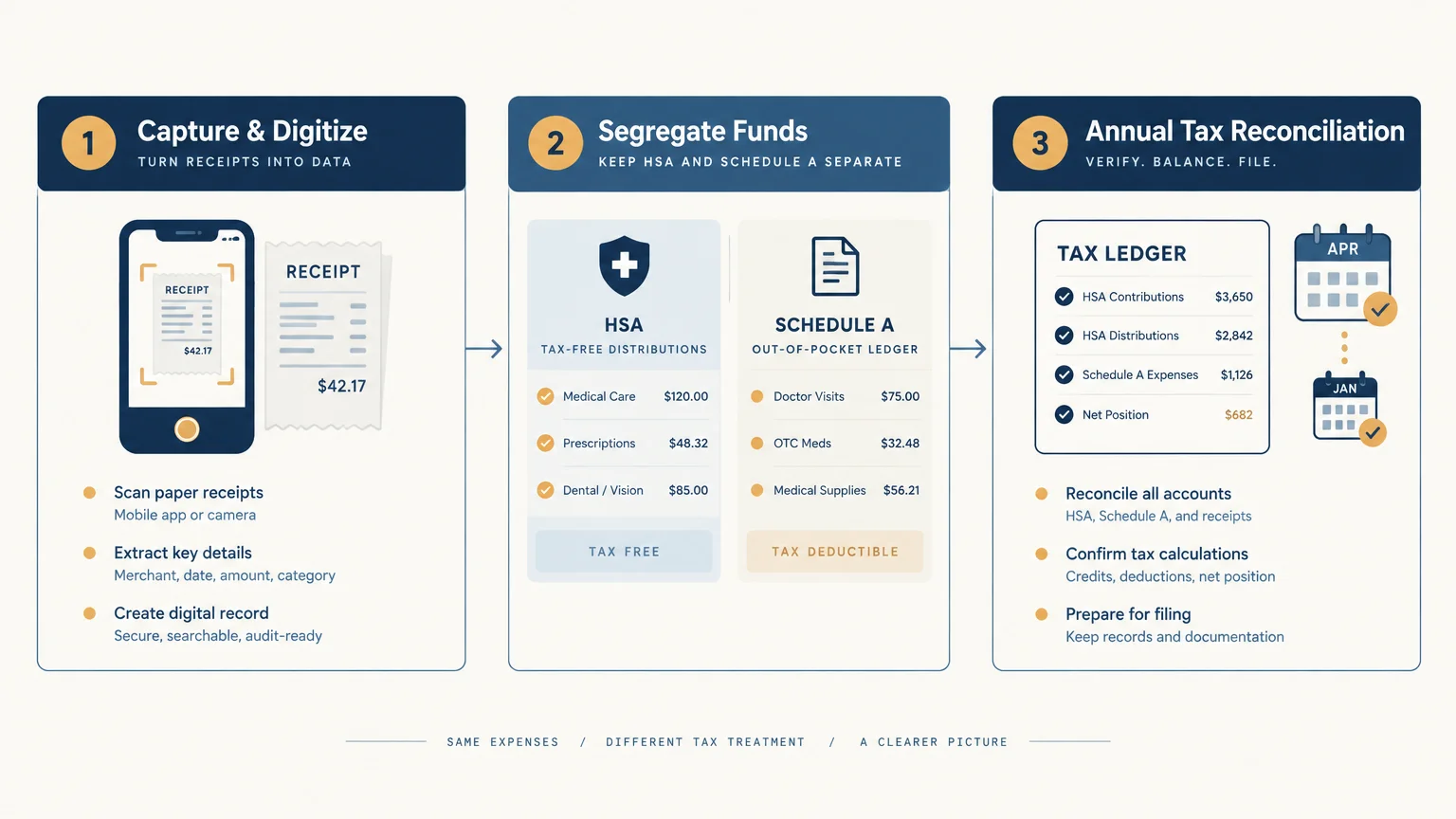 Three-step diagram showing receipt digitizing, segregating HSA and Schedule A funds, and annual tax reconciliation.