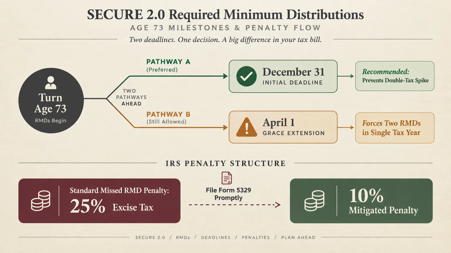 Diagram outlining SECURE 2.0 RMD age 73 deadlines, showing Pathway A and Pathway B next to IRS missed RMD penalty rates.