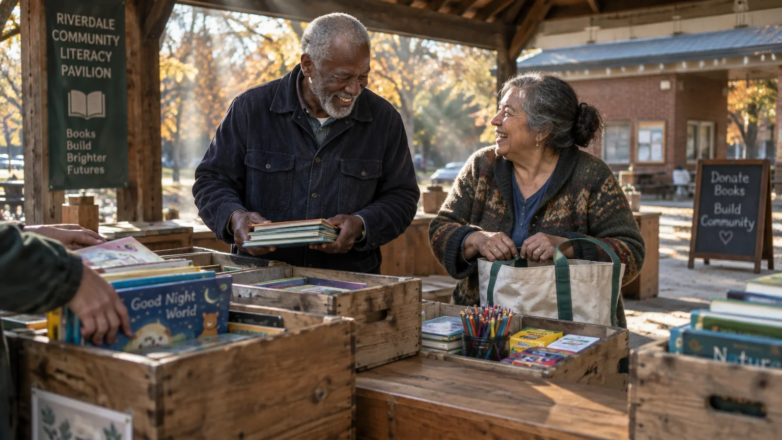 Older man and woman smiling together as they sort through books in wooden crates at an outdoor community pavilion.