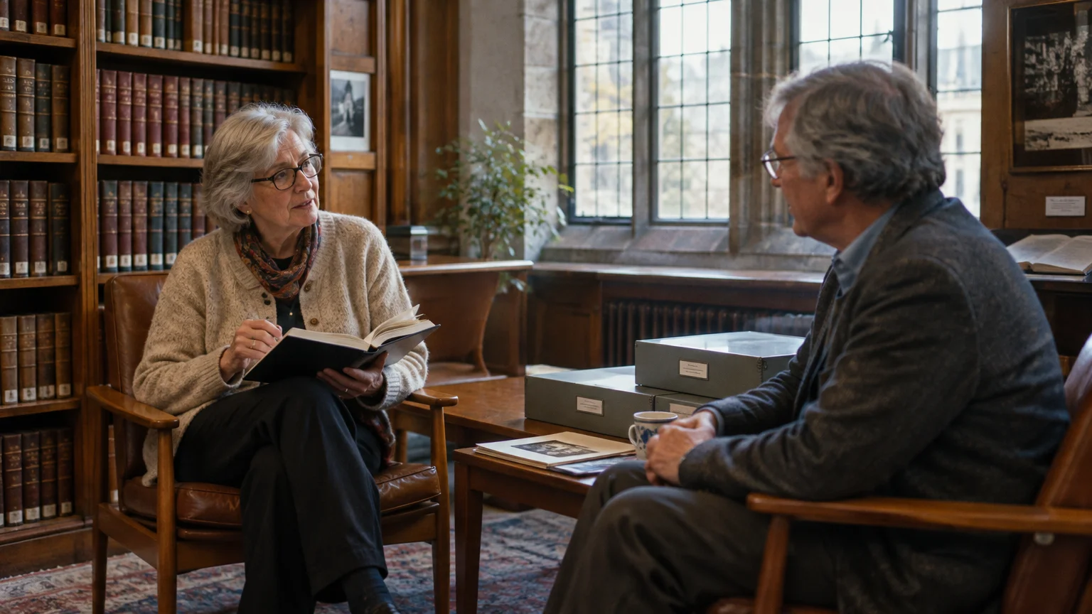 An older man and woman converse in leather armchairs inside a library lined with wooden bookshelves.