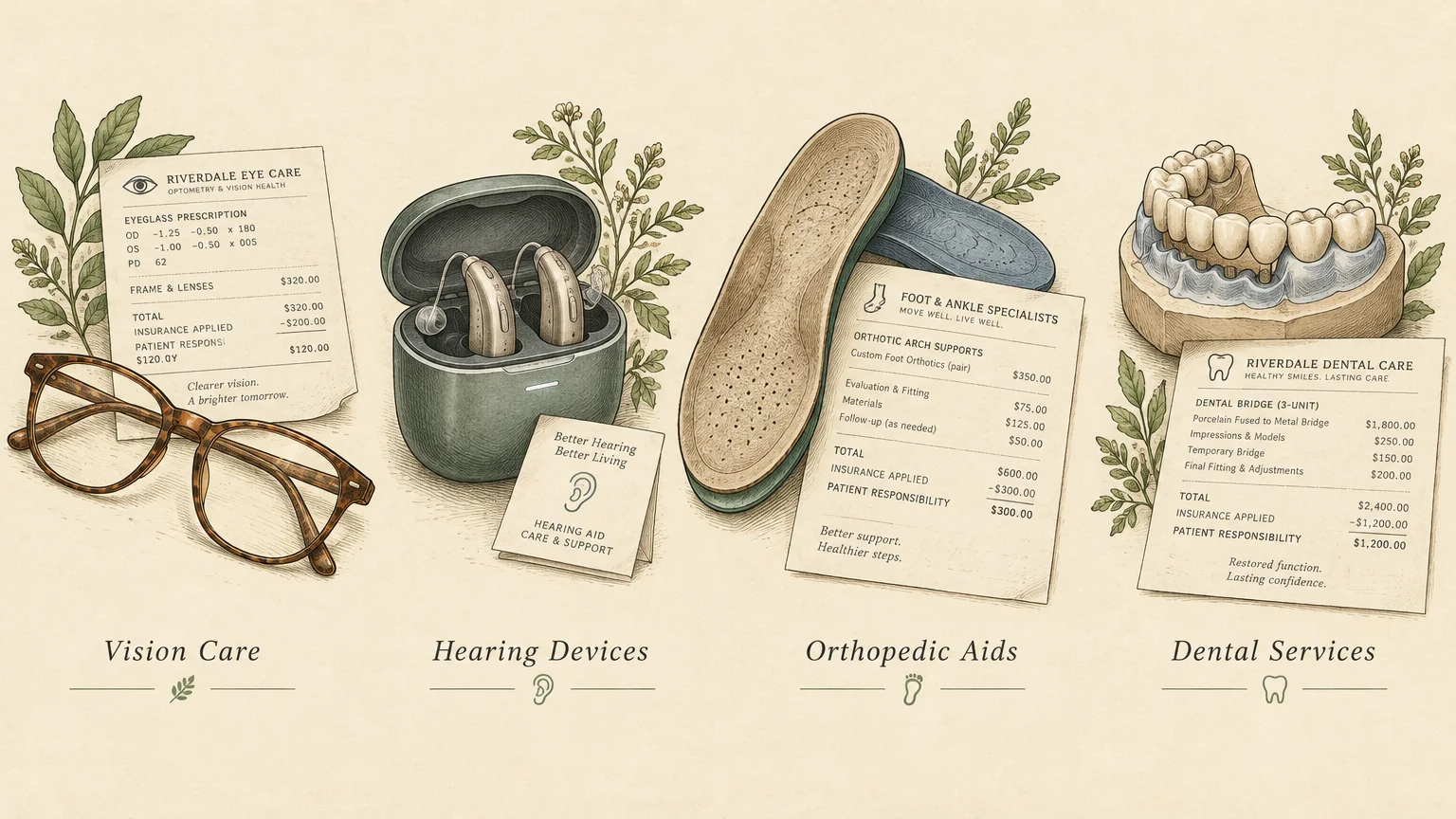 Illustration of eyeglasses, hearing aids, orthotic shoe insoles, and a dental bridge model beside medical receipts.