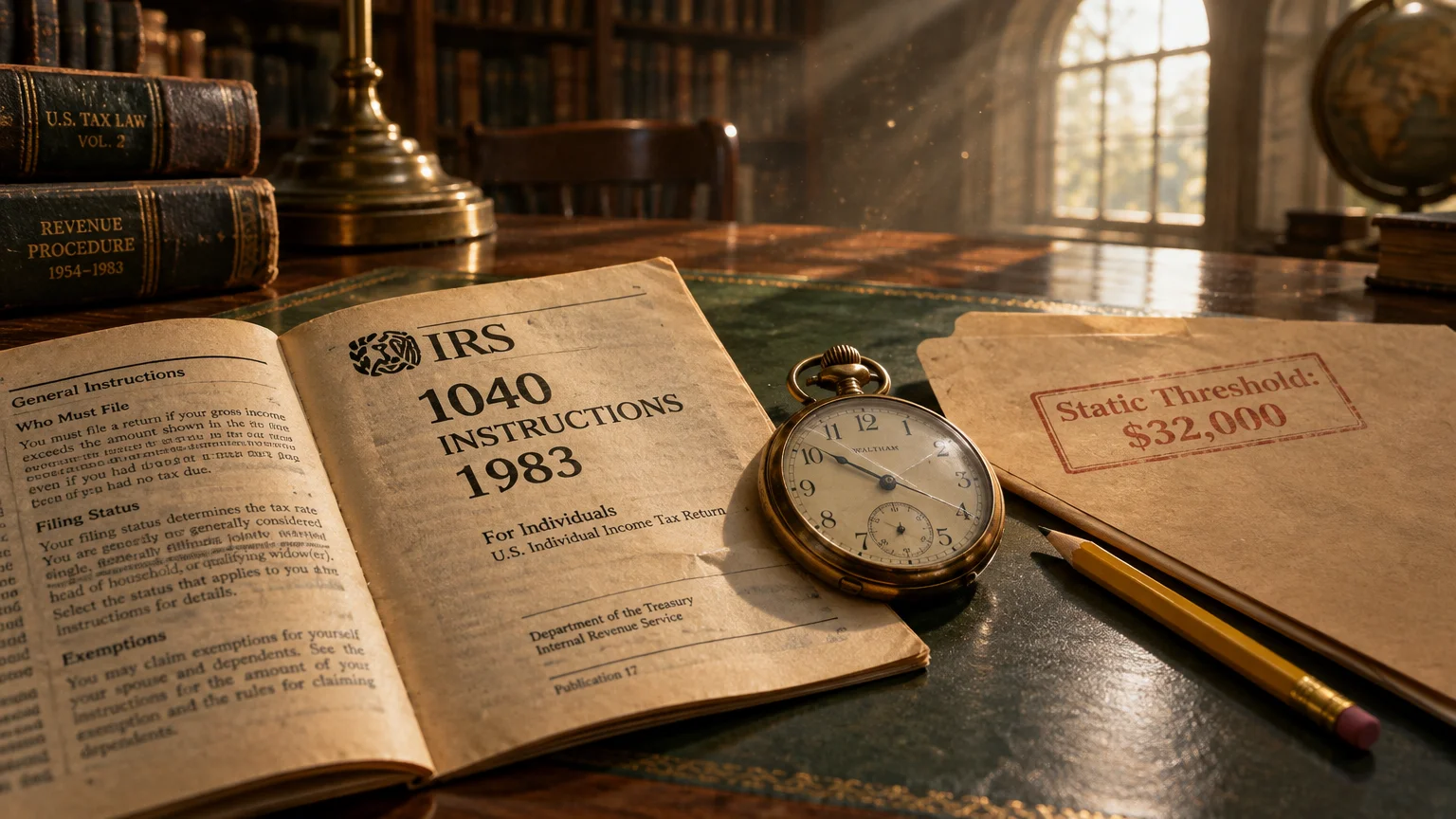 1983 IRS instruction booklet open on a desk beside a pocket watch and a folder stamped Static Threshold: $32,000.