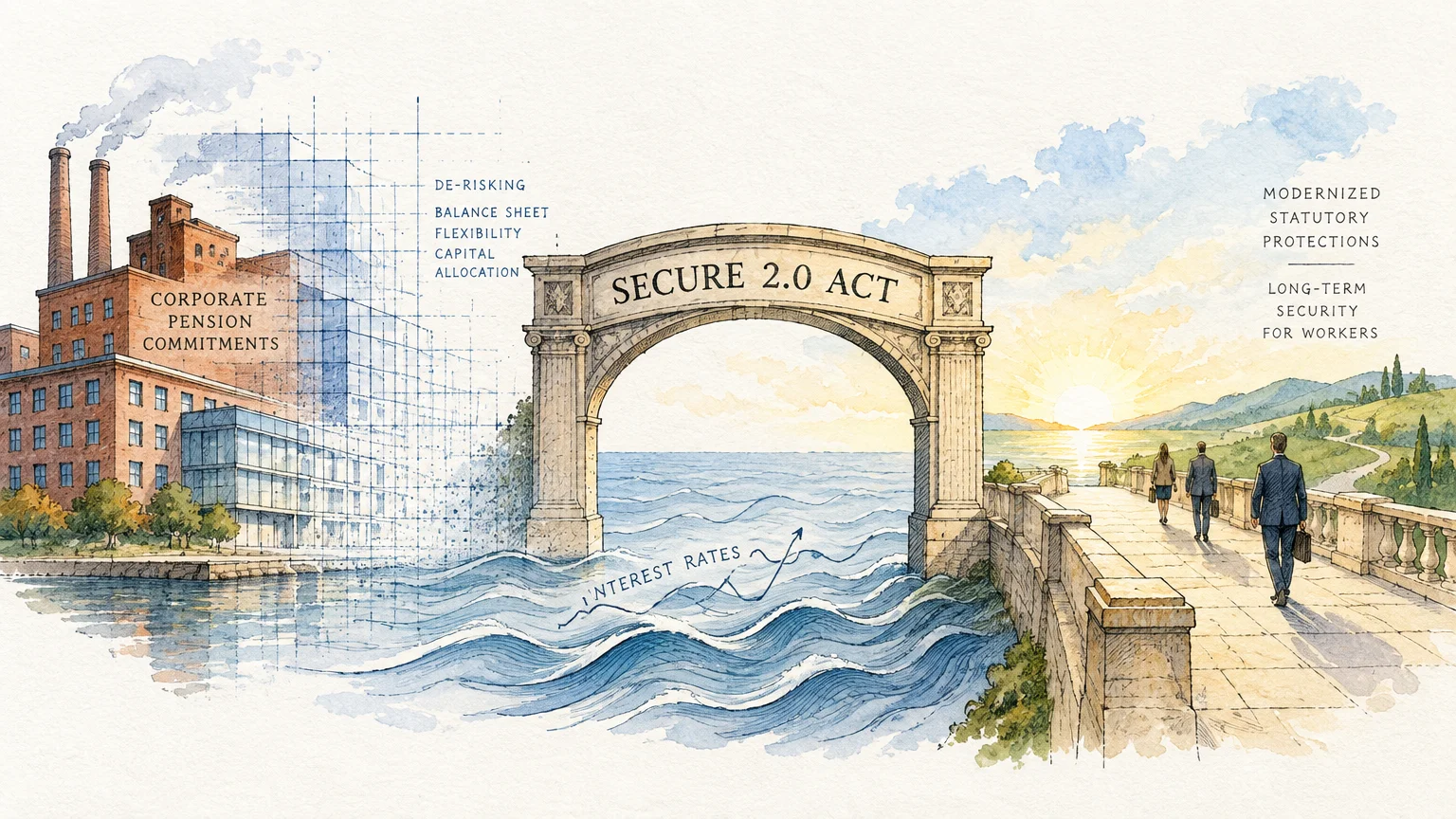 Watercolor illustration of a stone archway labeled SECURE 2.0 ACT standing between an industrial factory and a sunny path.