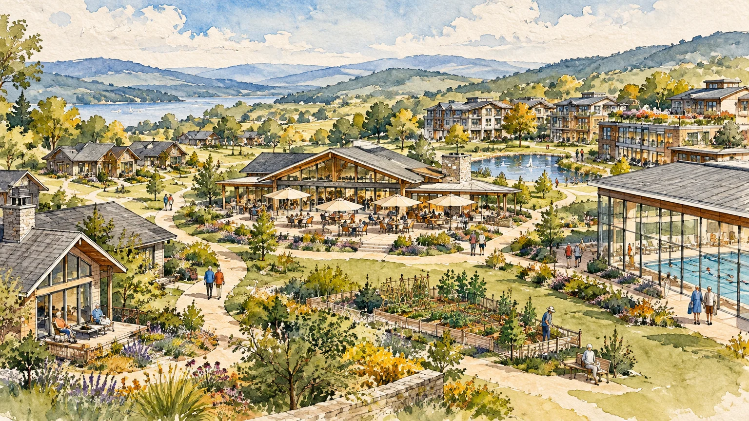 Watercolor illustration of a retirement community campus featuring cottages, gardens, a dining patio, pool, and lake.