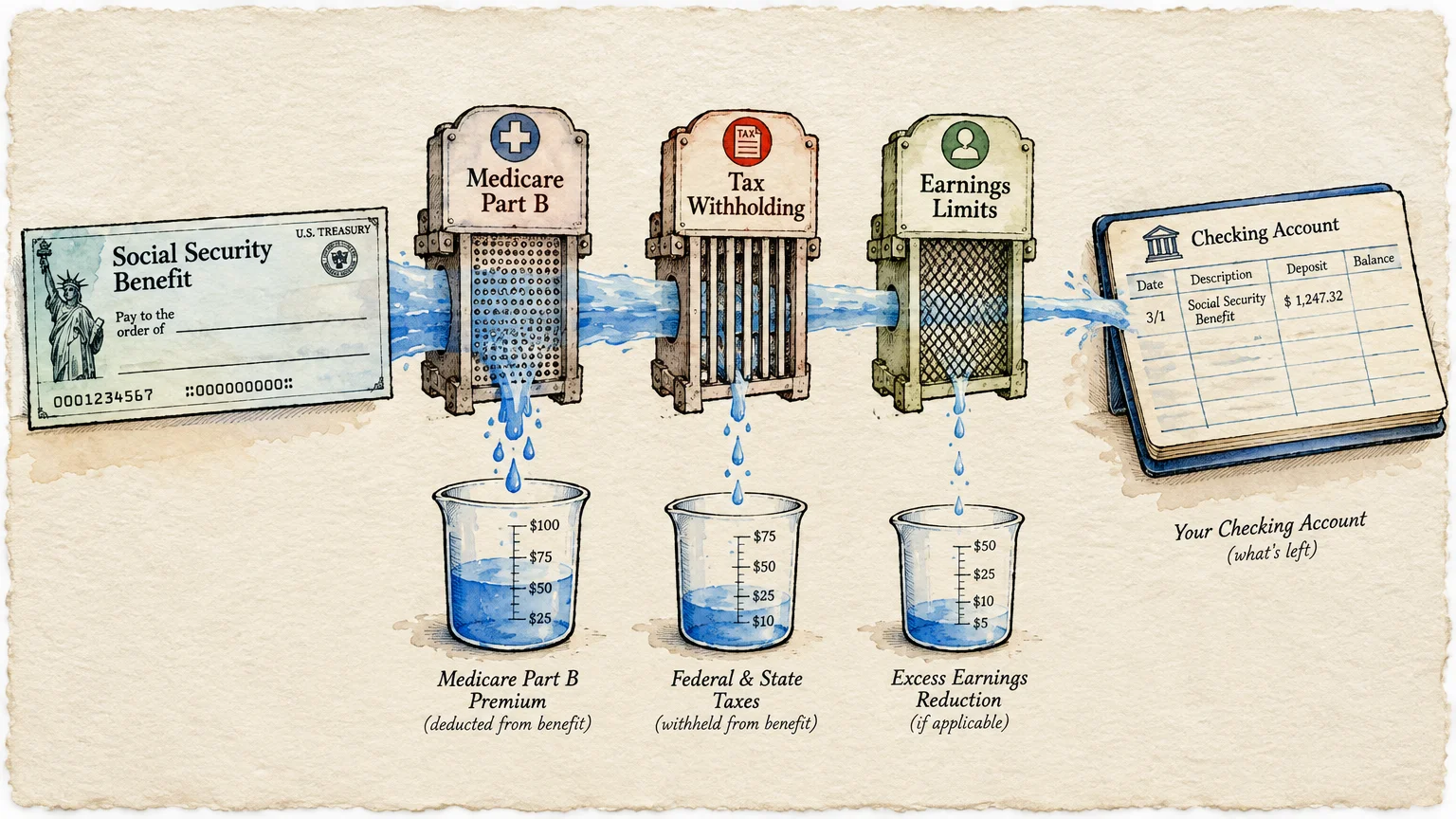Water flows from a Social Security check through three deduction filters into beakers and a checking account ledger.