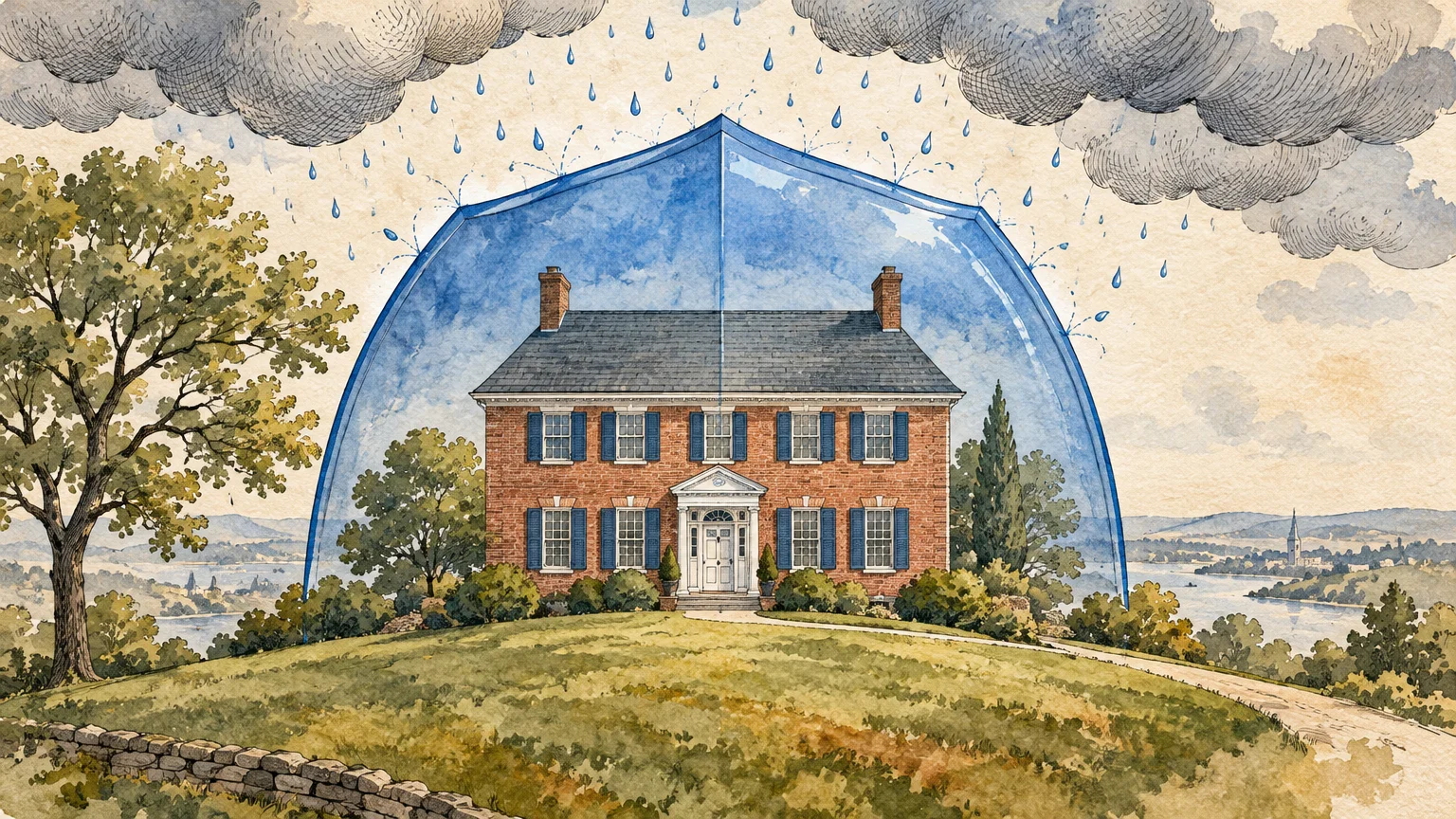 Watercolor illustration of a brick house protected under a clear glass dome shield from falling rain and dark clouds.