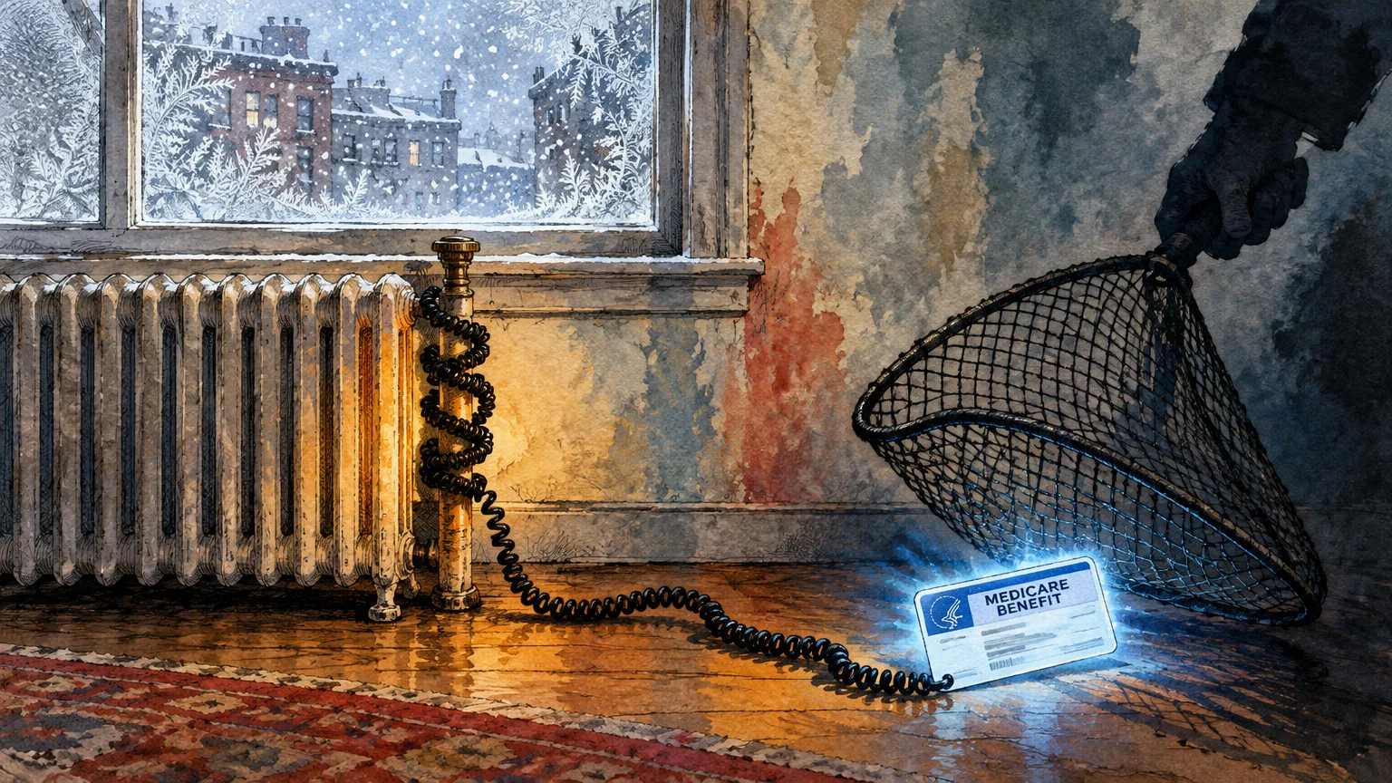 A shadowy hand lowers a net over a glowing Medicare card connected by a coiled cord to a radiator by a snowy window.