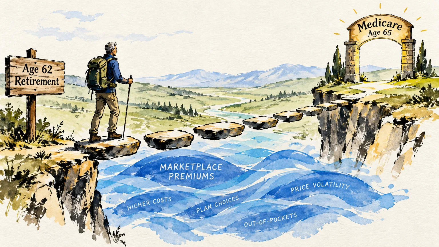 Illustration of a hiker crossing stepping stones over turbulent water from Age 62 Retirement toward a Medicare Age 65 arch.
