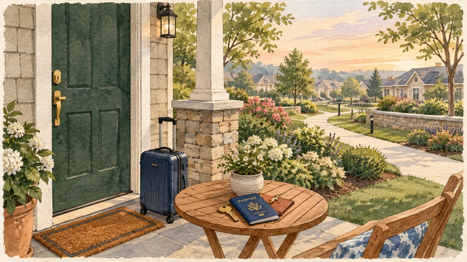 Watercolor of a front porch with packed luggage, a passport, and keys overlooking a landscaped neighborhood path.