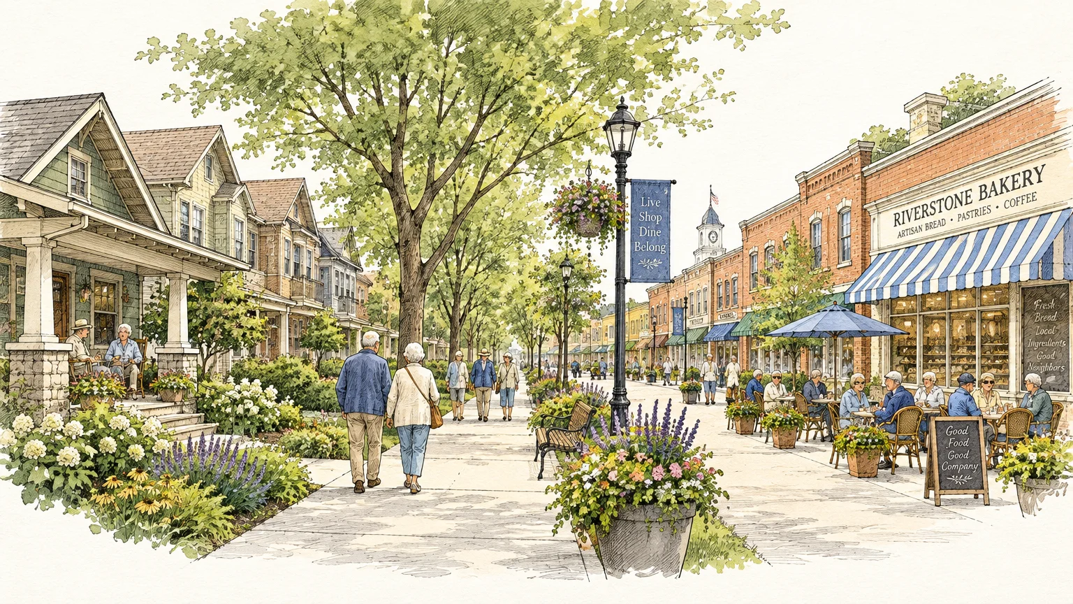 Illustration of people strolling down a tree-lined town street with houses on one side and a bakery with outdoor seating.