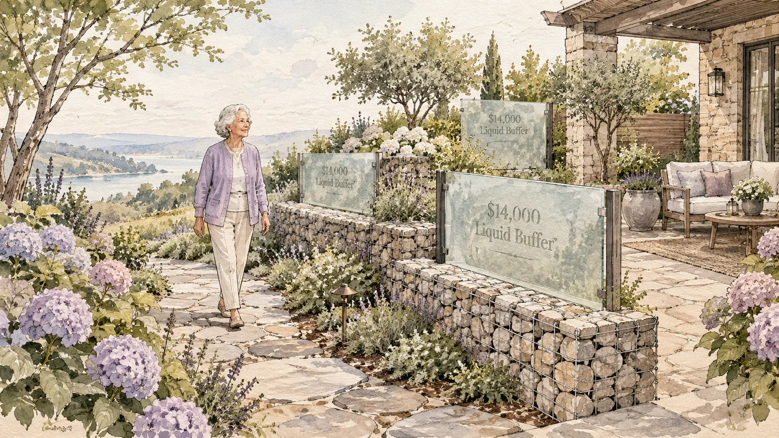 Watercolor illustration of a senior woman walking down a garden path beside glass panels reading $14,000 Liquid Buffer.