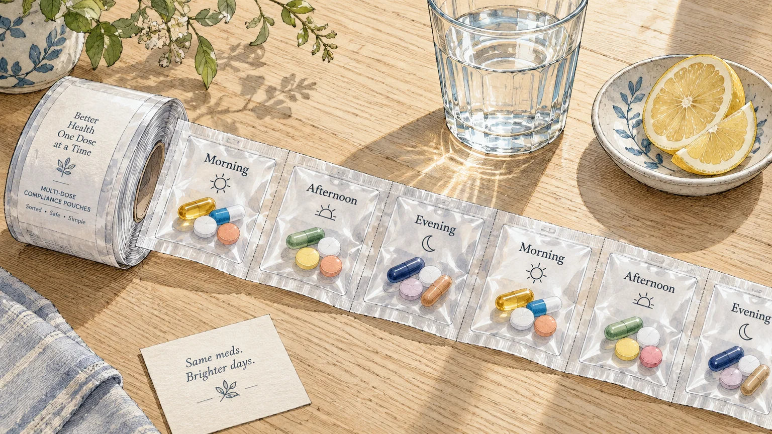 Roll of clear pre-sorted daily medication packets labeled morning, afternoon, and evening beside a water glass.