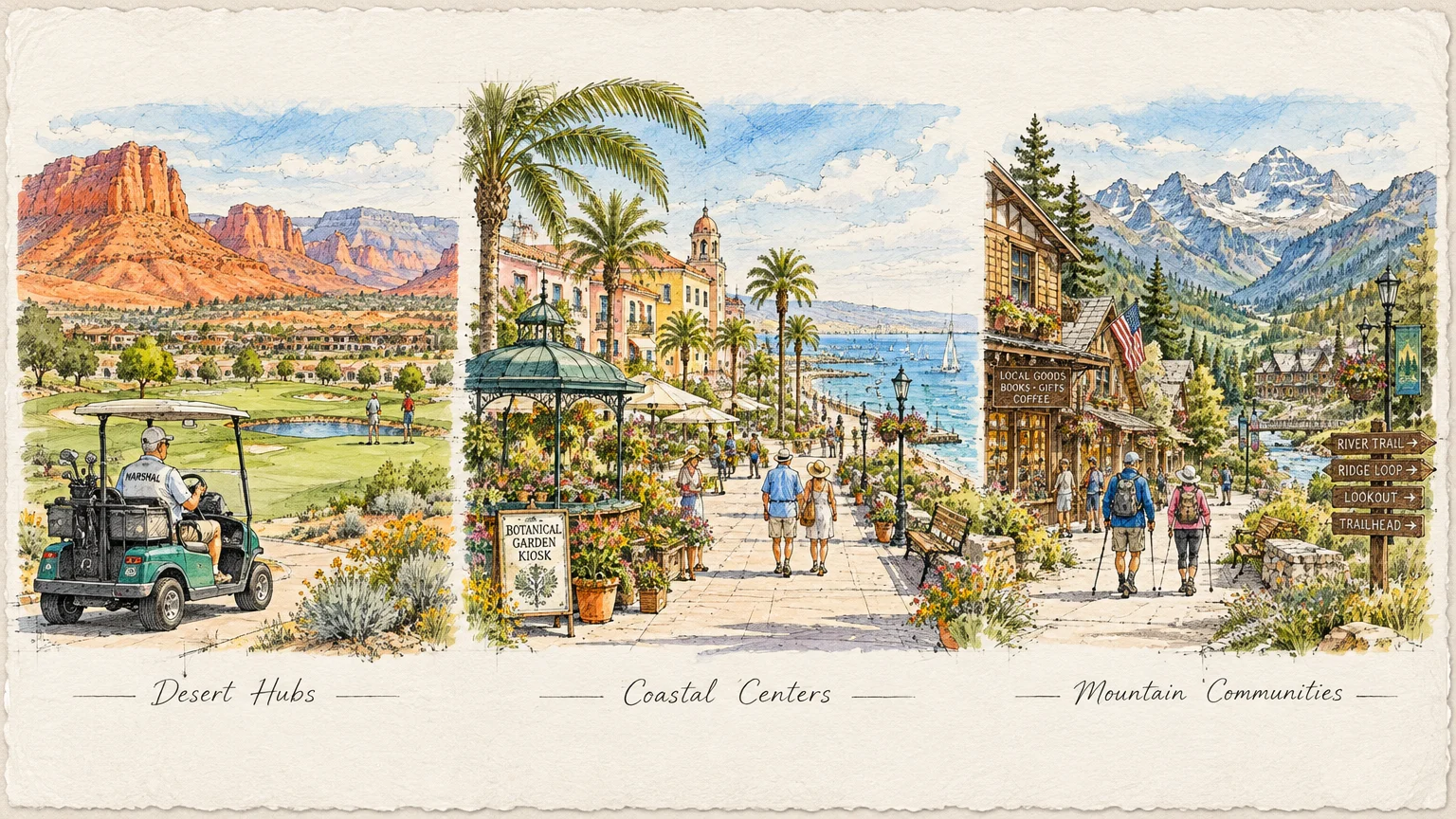 Three watercolor panels depicting retirement settings labeled Desert Hubs, Coastal Centers, and Mountain Communities.