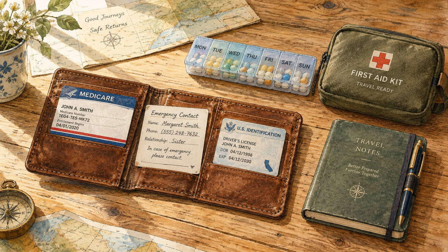 Illustration of a leather travel wallet with a Medicare card, pill organizer, first aid kit, and notebook on a wooden table.