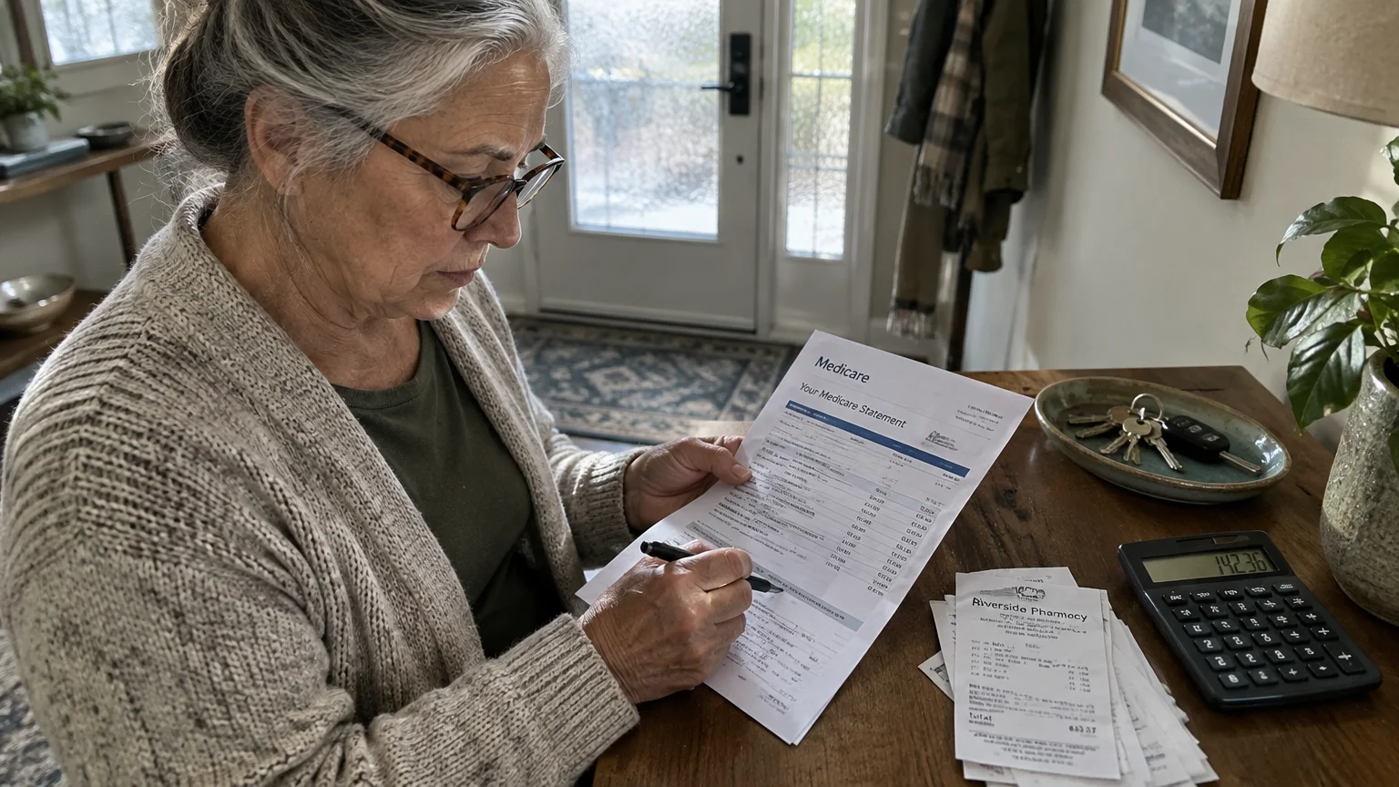 Senior woman with glasses reviewing a Medicare statement and pharmacy receipts at a wooden table beside a calculator.