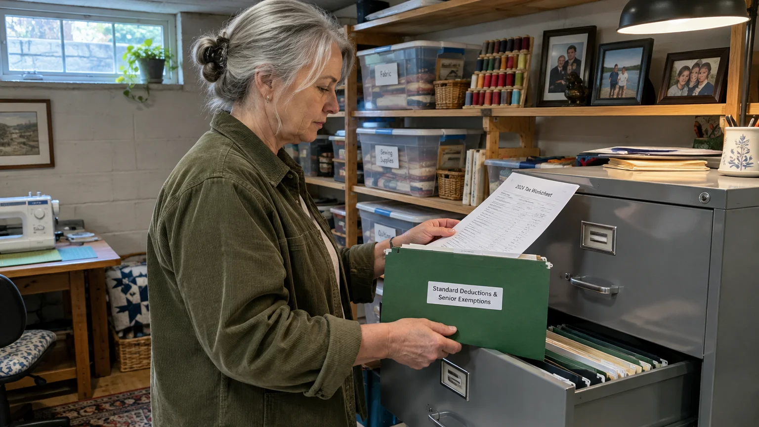 A woman reviews a tax document from a green file folder pulled from an open metal filing cabinet.