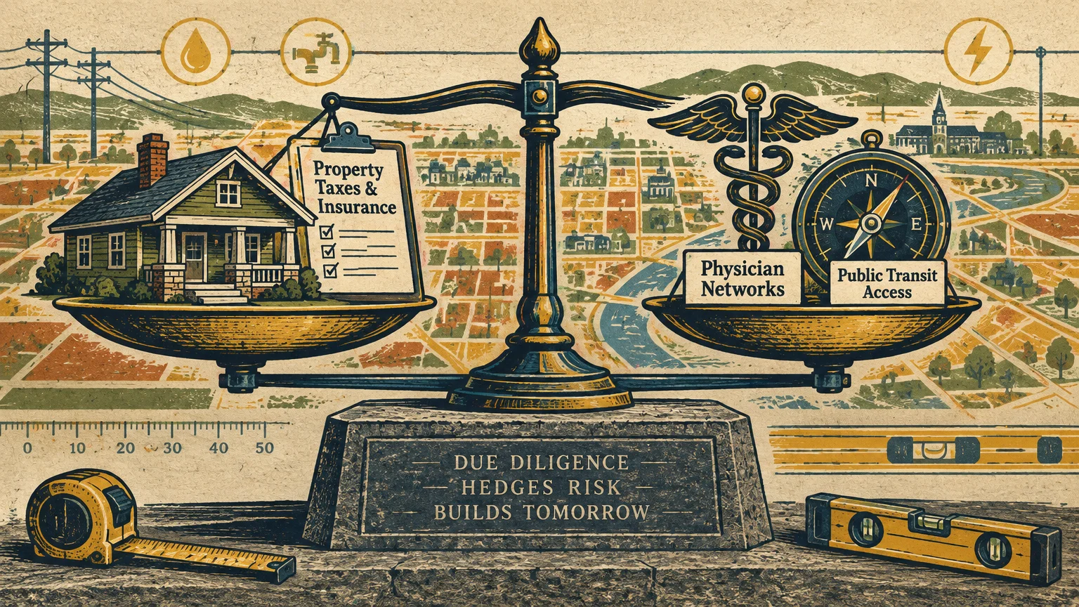 Balance scale weighing a house and tax clipboard against medical and transit symbols over a city map.